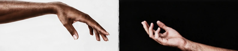 Two hands reaching toward each other, against contrasting black and white backgrounds