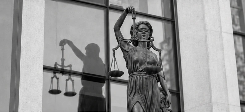Lady Justice holding the scales of justice in front of tall windows